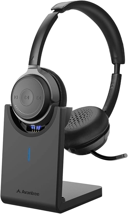 Avantree Alto Clair - Bluetooth Headset with Mic and Charging Base | aptX HD headset with detachable microphone, mute control, charging base.