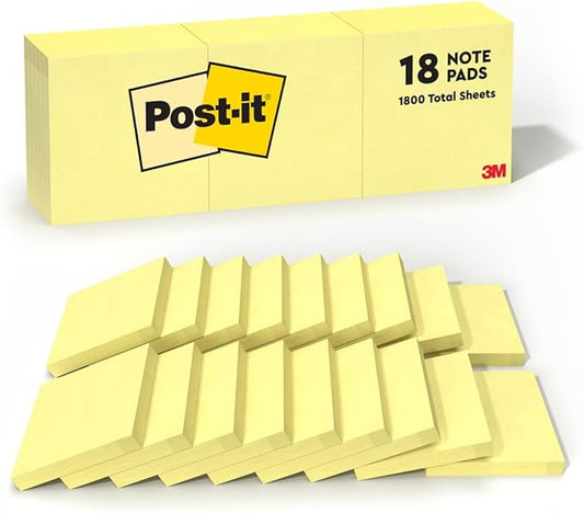 Post-it Notes, 3 in x 3 in, 18 Sticky Notes Pads, 100 Sheets per Pad, The Iconic Canary Yellow Note, New Year Organization or Second Semester School Supplies