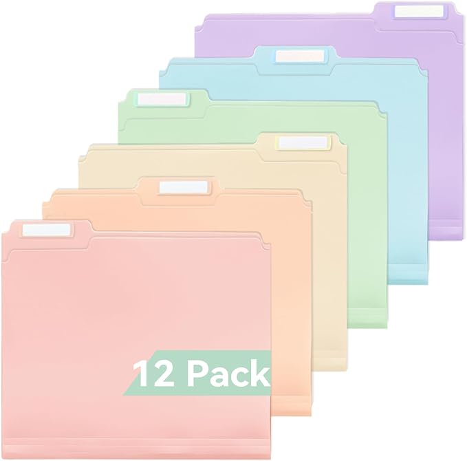 Plastic Manila Folders 8.5 x 11, 12 Pack, Poly Pastel File Folders, 1/3-Cut Tabs with Colorful Labels, Letter Size