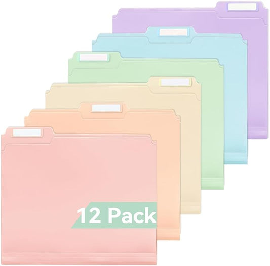 Plastic Manila Folders 8.5 x 11, 12 Pack, Poly Pastel File Folders, 1/3-Cut Tabs with Colorful Labels, Letter Size
