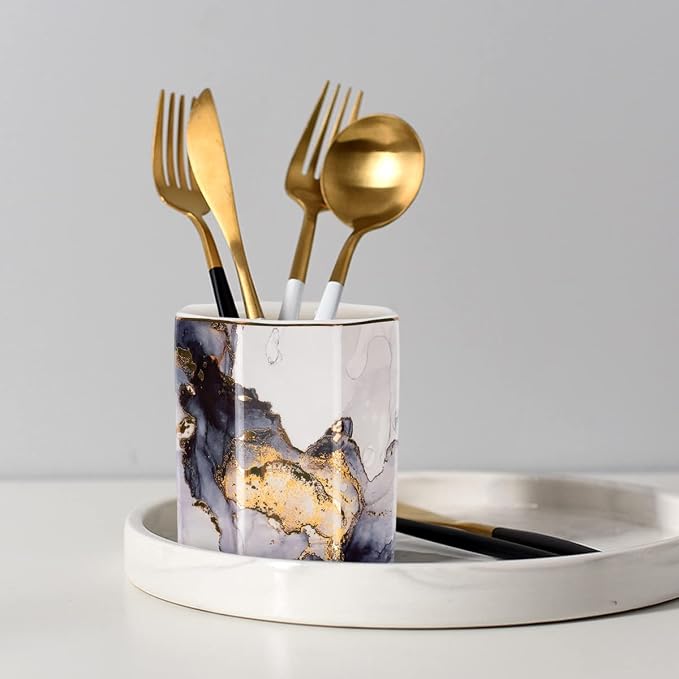 Ceramic Pen Holder for Desk Cute, Pencil Cup Pot Desk Organizer, Makeup Brush Holder for Women, Men, Kids, Desk Marble Decor for Office, Classroom, Home, Gray Golden