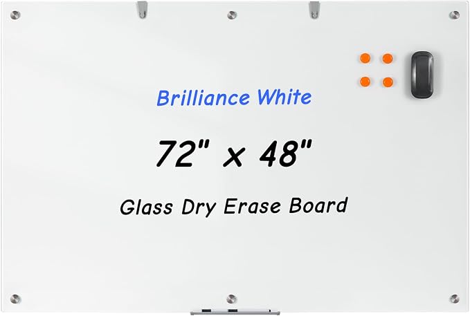 Wingwise Large Glass Dry Erase Board, 72 x 48 in Brilliance White Board | Ultra-white magnetic surface. 6' x 4' tempered glass, scratch-resistant. Wall-mounted. For office, home, school