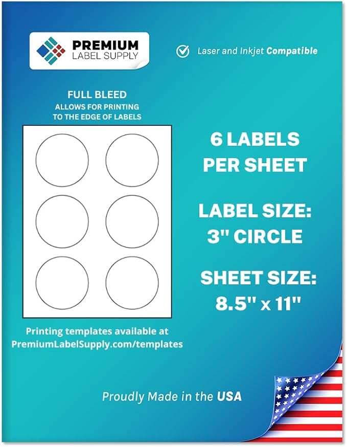Premium Label Supply White Sticker Round Labels with Bleed – 3" Circle – Laser/Inkjet Compatible – (6 per Sheet), 1000 Sheets – 6,000 Total Adhesive Labels