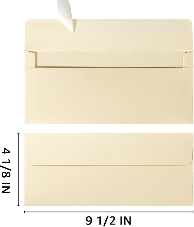 100 Pack Colored #10 Business Envelopes, 4.13 x 9.49 Inches, Cream Color | Self Seal, Standard Envelopes, For Office Checks, Business Letter Mailing, Greeting Card