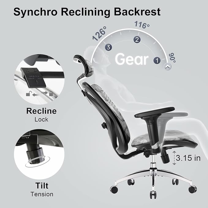 SIHOO M57 Ergonomic Office Chair, Mesh Back Desk Chair with 3D Armrests | Lumbar Support & Adjustable Headrest, Comfortable Computer Chair, Office Chair Hold 330 LBS, Home Office - Grey