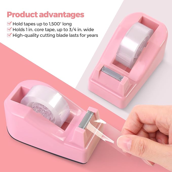 SKYDUE Pink Desk Accessories 11Pcs with Rotating Pen Holder for Desk | Included Stapler with Staples, Staple Remover, Tape Dispenser,2pcs Tape Refills, Binder Paper Clips Kit, Scissor, 2pcs Pens