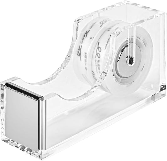 Acrylic Tape Dispenser, Transparent Office Tape Dispenser Desk, Non-Slip Rubber Holder Buttom, Morden Accessory for Stylish Desk at Home, School, Office-Silver