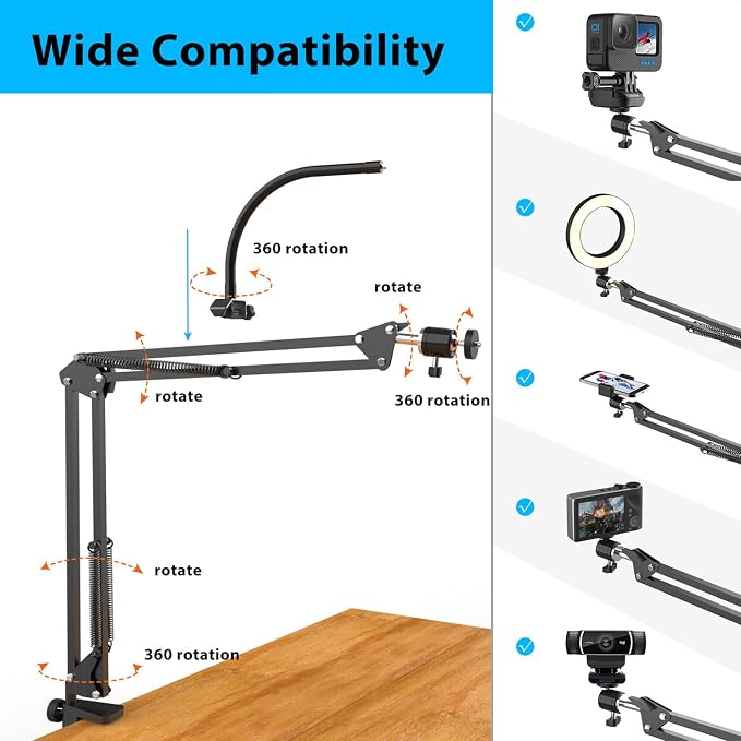 Overhead Camera Mount with Ring Light, Flexible Articulating Phone Arm Stand Compatible with iPhone, Logitech Webcam, Desk Tripod for YouTube Live Stream Cooking Nail Video Recording