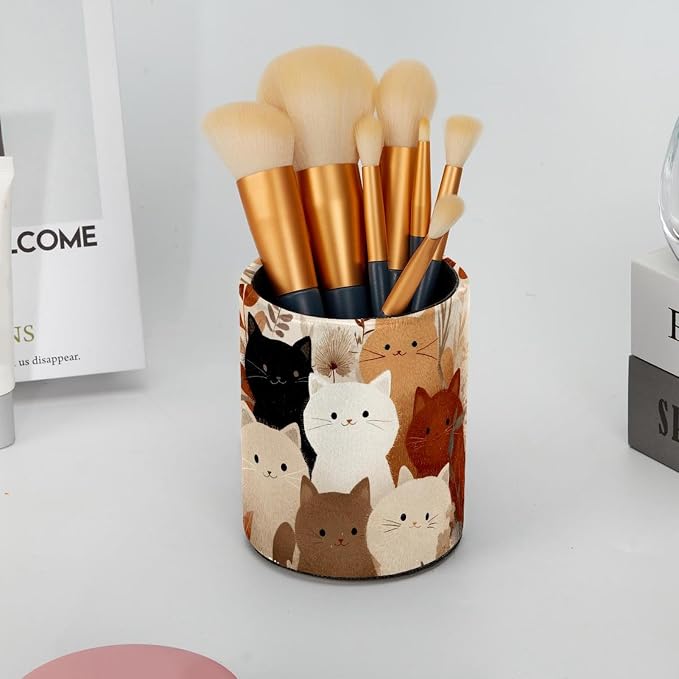 Leather Pen Holder for Desk, Colored Cats Pattern Pencil Cup Pen Organizer Makeup Brush Holder for Office Home Kids Countertop Desk Accessory Storage