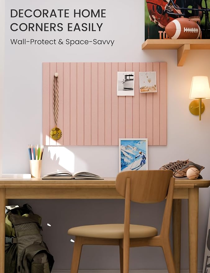 28" x 18" Felt Bulletin Board Tiles, Fine Stripe, Pink | 6-Pack Cork Board Alternative, 30 Adhesive Tabs, Push Pin Board, Wall Decor, Office, Home, Classroom, Dorm