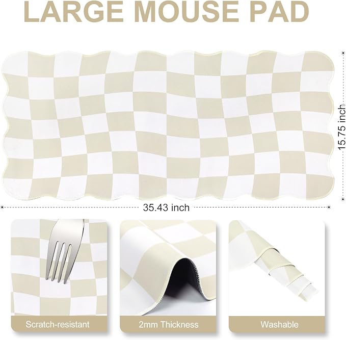L-SPOUTTO Beige Checkered Mouse Pad,Scalloped Desk Mat XXL Gaming Mousepad | Geometric Large 35.4x15.7in Non-Slip Rubber Base Keyboard Pad Waterproof Desktop Mat for Laptop Computer Game Home Office