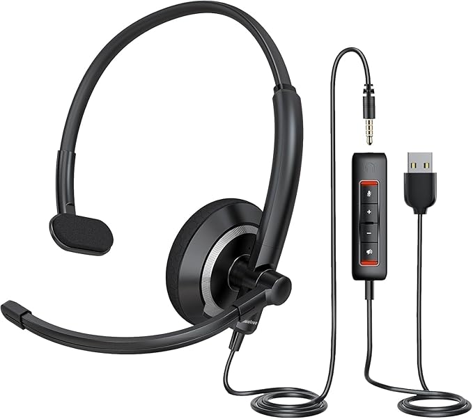 awatrue Single Ear USB Headset with Microphone for PC Lightweight | Adjustable Lightweight Computer Headset with Mic for Call Center, Office, 3.5mm & USB Compatible Headphone with Mic