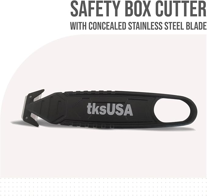 Safety Box Cutter. tksUSA here, your Cutter Stainless, Steel Package Opener. Pack Safety Knife Package Box Opener with Ergonomic Film Cutting Blade for Box, Carton, Shrink Wrap, Plastic Straps
