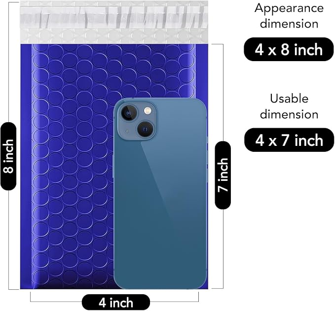 Fuxury Bubble Mailers 4x8" 200 Pack Waterproof Padded Envelopes | Usable Size 4x7,Royal Blue,Self Seal Bubble Envelopes Padded Mailers for Small Business,Trading Cards