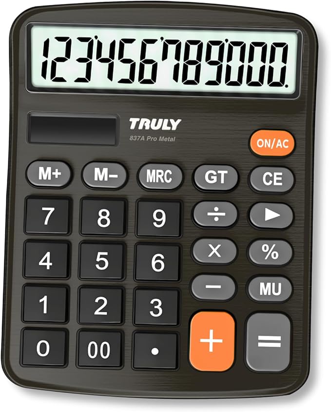 TRULY 12-Digit Desktop Calculator with Large Display, Big Buttons, Dual Power (Solar + Battery), Metal Finish, Ideal for Office, Home, School – 837A Pro Black