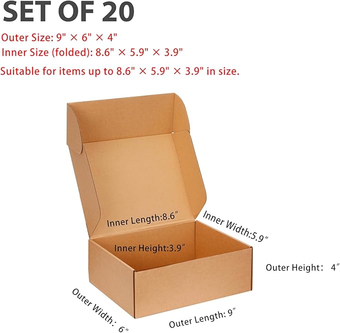 Small Shipping Boxes 9x6x4 Inches - Kraft Brown Corrugated Cardboard Boxes (20-Pack) for Mailing, Packing, Small Business & Gift Packaging - Recyclable & Sturdy