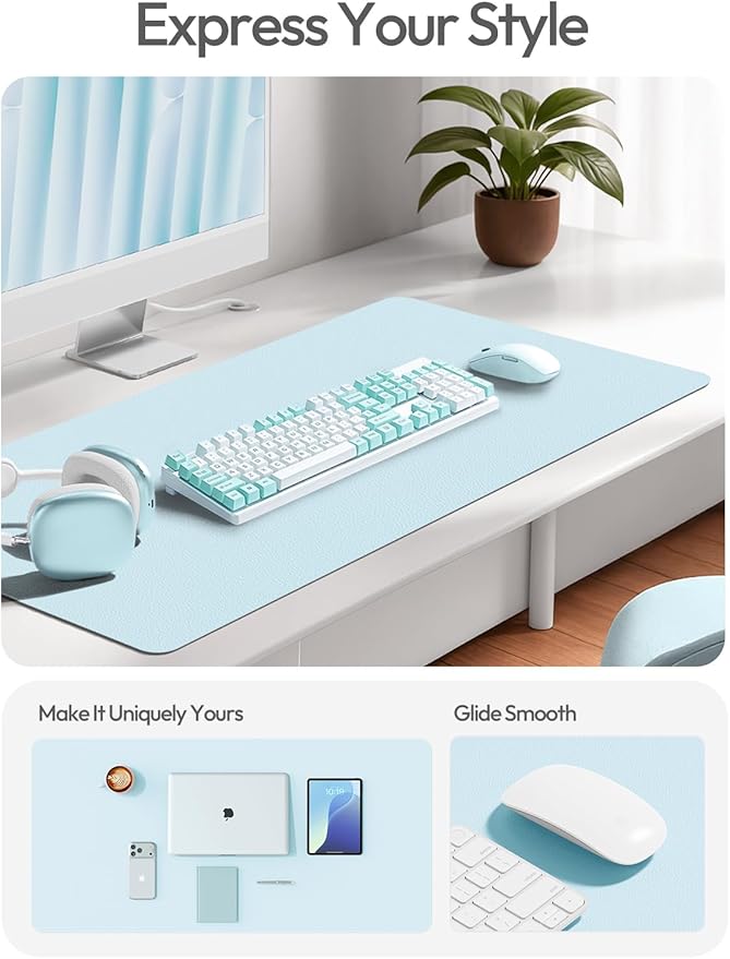 YSAGi Leather Desk Protector, Office Mat, Large Mouse Mat, Non-Slip PU Leather Blotter, Laptop Pad, Waterproof Writing Pad for Office and Home (Baby Blue, 23.6" x 13.8")