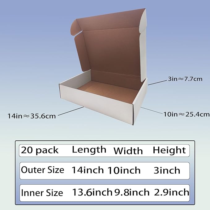 14x10x3 inch Shipping Boxes Set of 20， White Corrugated Cardboard Box Mailer Boxes for Packaging Small Business Shipping，Mailing Boxes Bulk for Birthday Wedding Party Book Literature Gift Giving