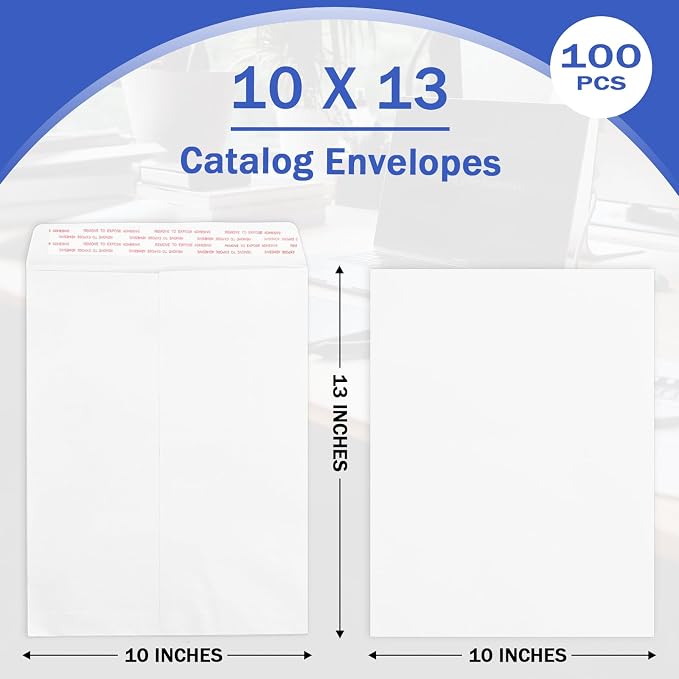 Goefun 100 Pack 10x13 White Catalog Envelopes Self Seal | 100GSM Paper, Large Manila Envelopes, For Mailing, Organizing and Storage