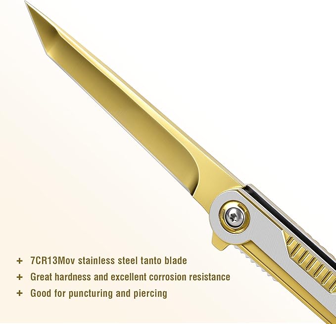 Cool Pocket Knife Gifts for Men, EDC Tanto Blade Folding Knives with Clip, Flipper Open Survival Knife with Window Breaker and Liner Lock for Outdoor Camping (Gold)