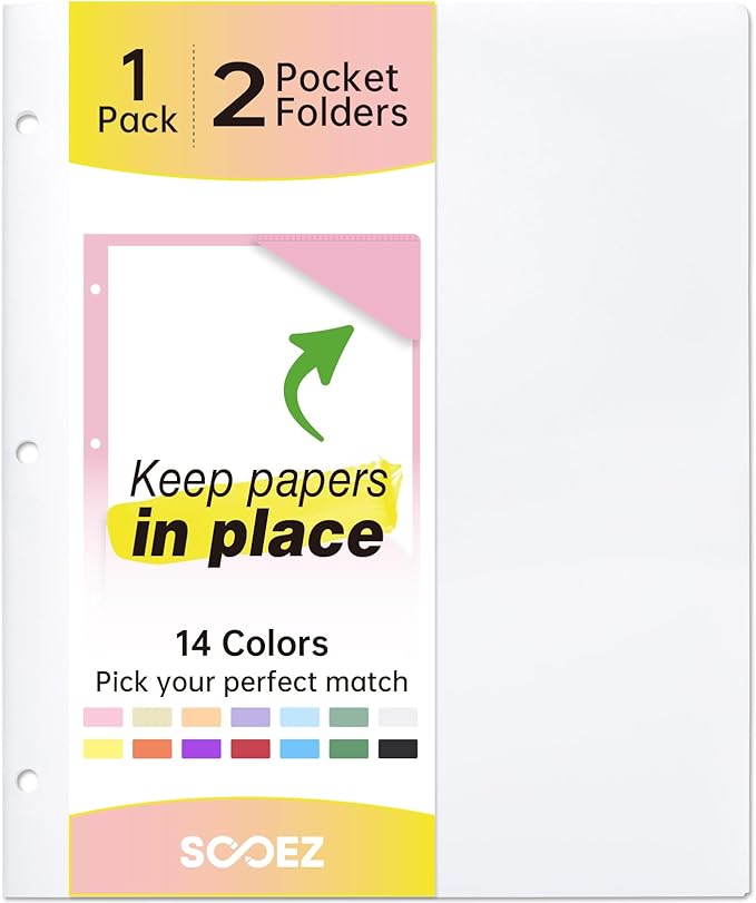 Sooez 2-Pocket Folders, Plastic Folders with Pockets 3 Hole Punched, 1 Pack Pockets Folder for 3 Ring Binder with Labels, Heavy Duty Binder Folder for Document, Letter Size File Folder,White