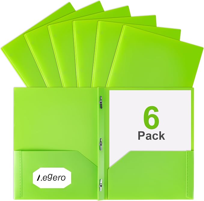 Folders with Pockets and Prong with Fasteners (6 Pack, Grass Green) | Durable Plastic Pocket Folders with Prongs,Tear Resistant,2 Pocket 3 Prong Folders for Schoolwork & Office,Letter Size