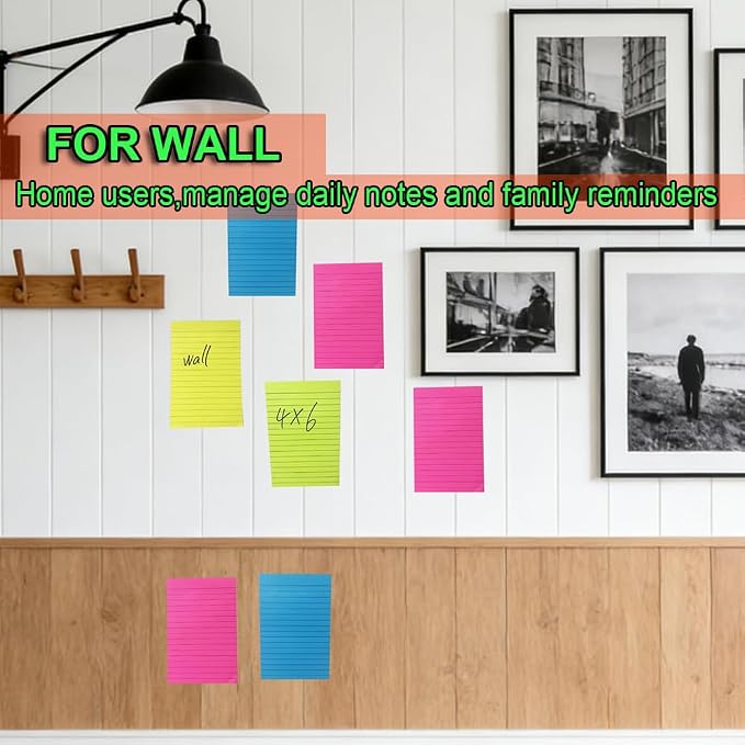 (36 Pack) Lined Sticky Notes 4x6 in,Bright Large Notepads with Lines | Ruled Stickies Super Sticking Power,Office School Memo Note Pads,Post on Windows Doors,Recyclable,Easy to Write on
