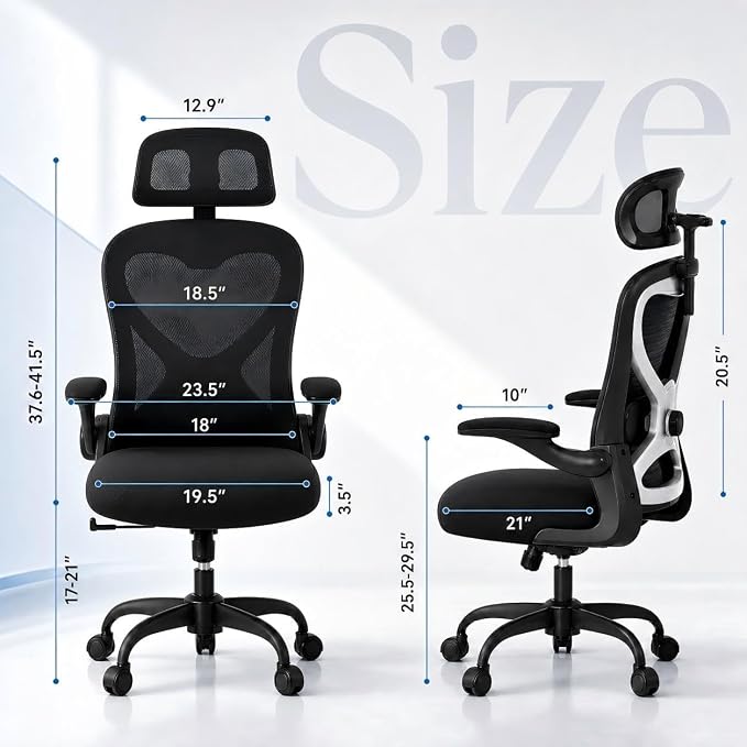 Home Office Desk Chairs, Ergonomic Office Chair with Lumbar Support & 3D Headrest, Computer Desk Chair with Flip-up Armrests, Perfect for Office or Study, Black/Silver
