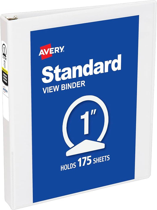 Avery Standard View 3 Ring Binder, 1" Round Rings, 1 White Binder | For School, Home and Everyday Use, Clear View Covers, Two Interior Pockets, Nonstick PVC-Free Material, Lay-Flat Pages