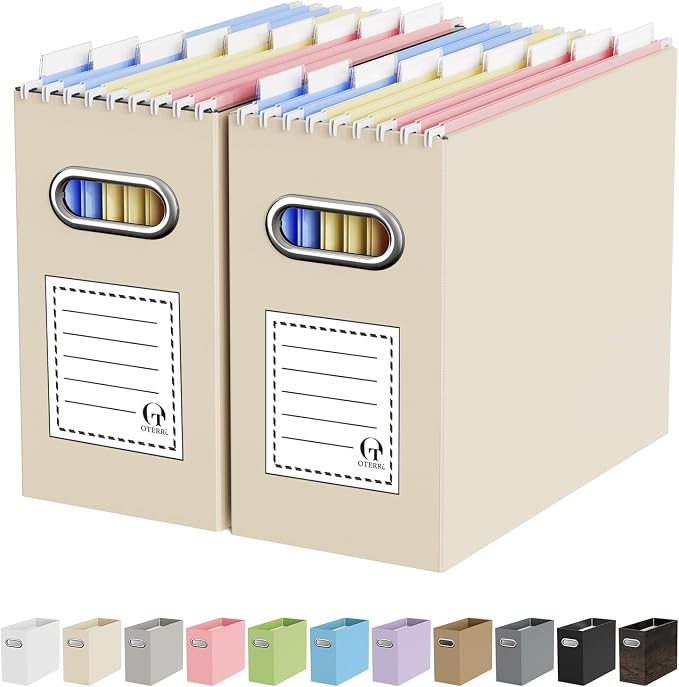 Portable Collapsible Cardboard File Box with Handle for Letter-Size | 2-Pack. Stainless Steel Handle. Label Stickers Included. Fits Letter Folders (Not Included). Home, Office, School, Dorm, Tax.