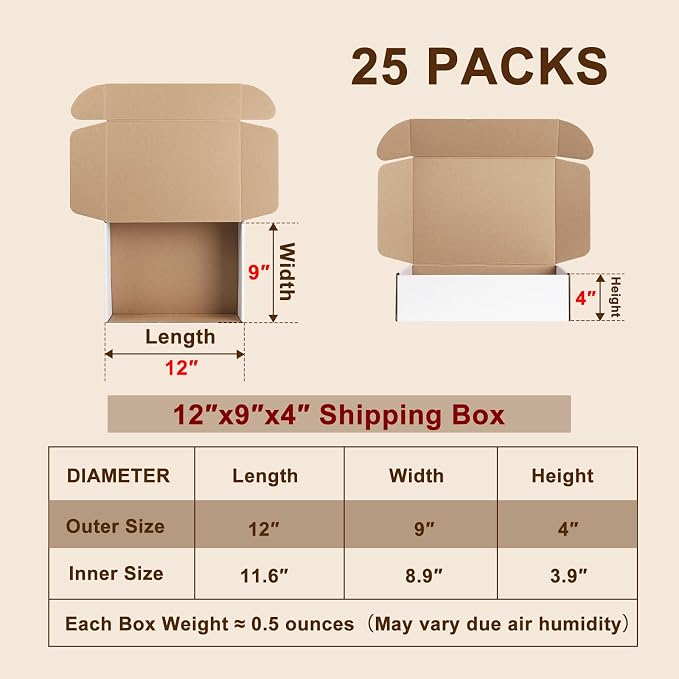 12x9x4 Inches Shipping Boxes Set of 25, White Corrugated Cardboard Boxes, Mailer Boxes for Small Business