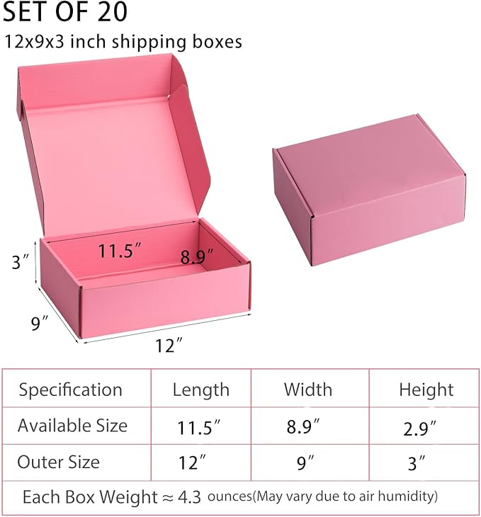 Small Shipping Boxes 12x9x3 Inches – Pink Corrugated Cardboard Boxes (20-Pack) for Mailing, Packing, Small Business & Gift Packaging - Recyclable & Sturdy