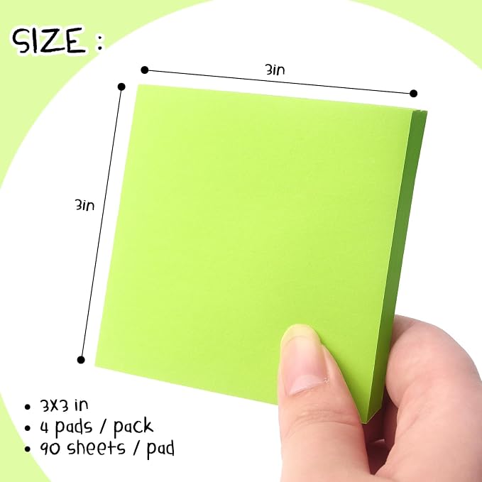 Sticky Notes 3x3 Pop Up with Bright Colors (Green), 4 Pads 90 Sheets/Pad | Bright Green Pop Up Self-Stick Notes Pads, 360 Sheets Total, Perfect for Daily Reminders, Study Notes, and Office Memos