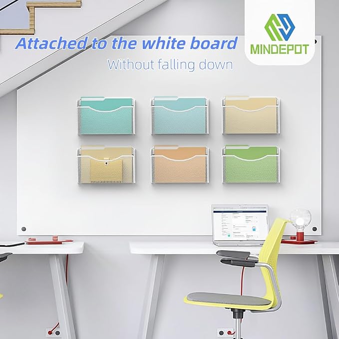 MINDEPOT Magnetic Wall File Organizer, Hanging File Holder, 2 Pack, White | Heavy Duty Iron, Powerful Magnet, Metal Mesh Wall Mount, Single Pocket, for Office School Classroom Home, Letter A4 Size