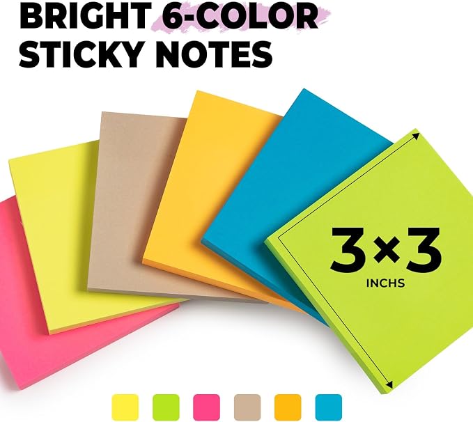 M&G 24 Pads Sticky Notes 3x3 Inch Self Sticky Notes 6 Bright Colors Easy to Stick Office and School Supplies for Home, Desk, and Notebook Use, 100 Sheets/Pad