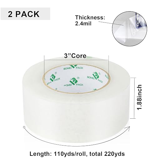BOMEI PACK 2 Rolls Clear Noiseless Heavy Duty Packing Tape with Blue Dispenser, Packaging Tape 1.88 Inches x 110Yards, 2.4mil Industrial Shipping Tape for Moving Packaging Shipping, Office & Storage