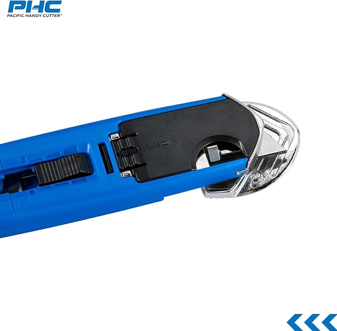 Pacific Handy Cutter S7 Safety Cutter, 3-in-1 Self-Retractable Utility Knife with Fold-Out Film Cutter, Bladeless Tape Splitter, Guard for Safety & Damage Prevention , Blue