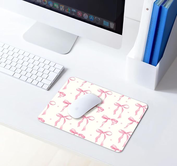 Square Pink Bows Mouse Pad Small, Cute Light Yellow Computer Mouse Pads, Non-Slip Rubber Base Mousepad Washable Cloth, Mouse Mat Decor Gifts, Coworker Gift for for Girls Women, 9.5x7.9 inch