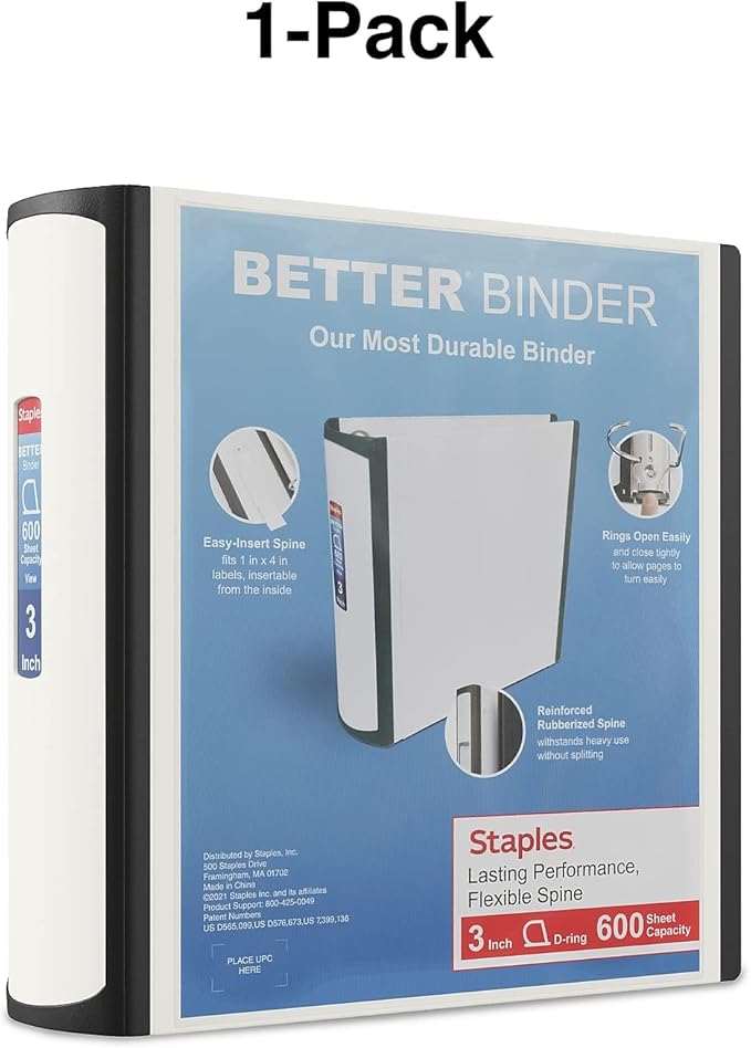 Staples Heavy-Duty 3-Inch D-Ring Binder, White – Large Capacity 3-Ring Binder with Pockets, Holds Up to 600 Sheets
