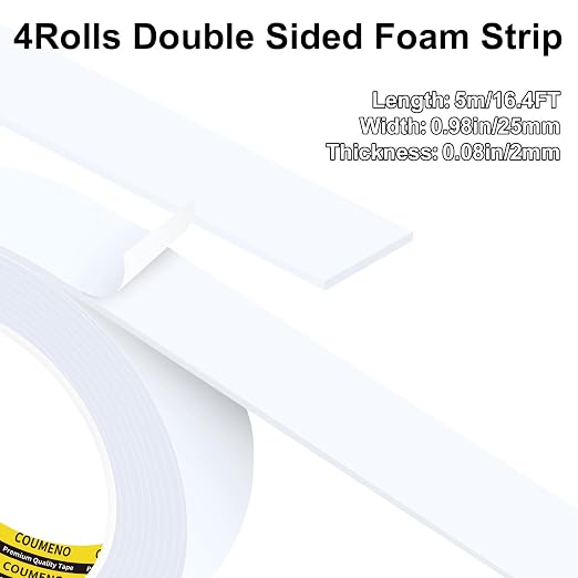 Heavy Duty Double Sided Tape,White Foam Tape,4 Pack 1 in X 16.4 ft | High Tack Strong Adhesive Foam Mounting Tape, Weatherproof Sealing Foam Tape, Easy Peel & Stick for Home Office School