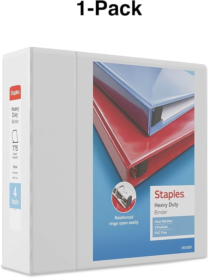 Staples Heavy-Duty 4-Inch D-Ring View Binder, White – Extra Large Capacity 3-Ring Binder for Office & School