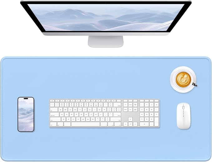 Hsurbtra Desk Pad, 32" x 16" Premium-Textured Desk Mat, Stitched Edge Anti-Slip Waterproof Rubber Mouse Pad, L Extended Computer Mat for Office Gaming Laptop Keyboard Sky Blue