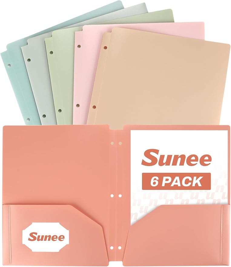 SUNEE 3 Hole Folders with Pockets (6 Pack, Vintage Colors) Plastic Folders for 3 Ring Binder, Heavy Duty Binder Folder for Document for School, Students, Teachers, Office Staf