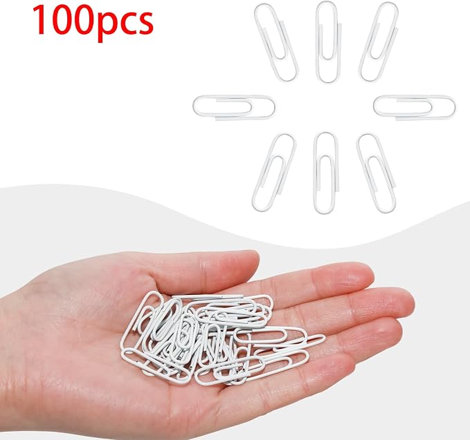 100 Pcs White Paper Clips, 1.1 Inch (28mm) Colorful Paperclips | Vinyl Coated, Colored Paper Clips, Rust Proof, for Office, School, DIY, Bookmarks and Document Organization