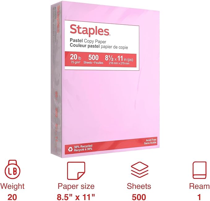 Staples Pastel Copy Paper 8.5 x 11 Inch Lilac Color Sheets for Printing and Documents