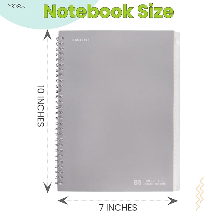 TWONE Spiral Notebook, 7"x10", 140 line Ruled Pages, Waterproof Frosted PP Cover, Gray, Ideal for School, Office, and Personal Use