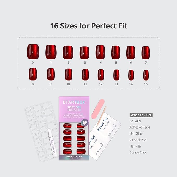 BTArtbox Press On Nails Red - Cat Eye Press On Nails Square for Gifts,Cherry Short Stick On Nails with Glue, Glossy Reusable Nail Tips in 16 Sizes - 32 Soft Gel Fake Nails Kit, Hot Love