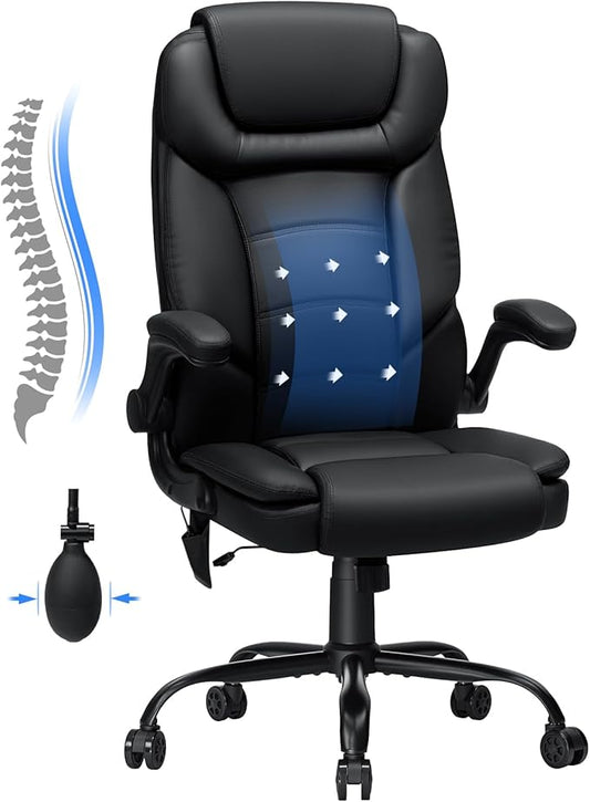450lbs Executive Office Chair with Inflatable Lumbar Support, Heavy Duty Office Chair for Heavy People, Big and Tall Ergonomic Comfy Chair with Flip-Up Armrests, Breathable PU Leather (Black)