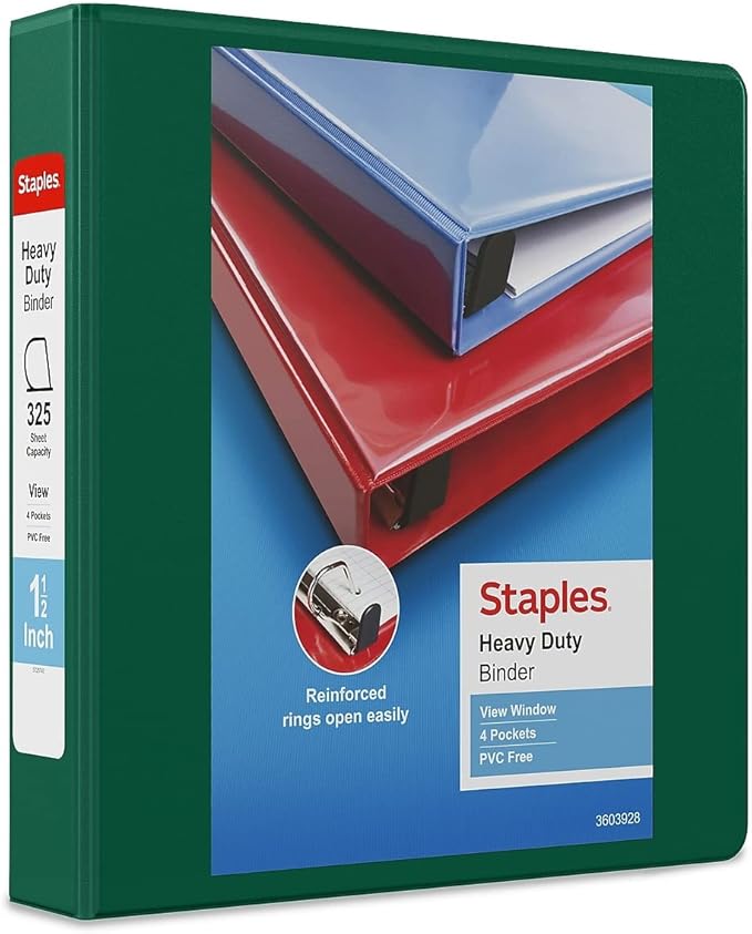 Staples Heavy‑Duty View Binder, 1.5" D‑Ring, Green, Reinforced Spine, Durable 3‑Ring Binder for School, Office & High‑Use Filing