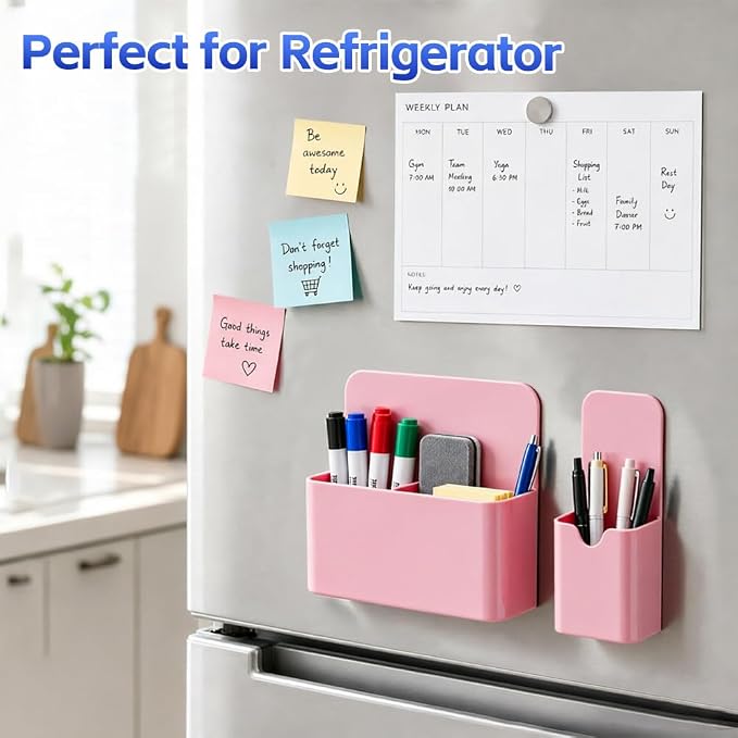 Magnetic Pen Holder, 2 Pack Magnetic Dry Erase Marker Holder with Compartments, Magnetic Marker Holder Pen Pencil Organizer for Whiteboard, Refrigerator, Classroom, Locker Accessories, Light Pink